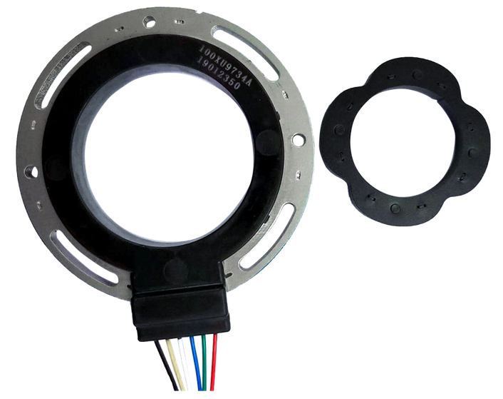 Reluktanz-Resolver (Stator links, Rotor rechts). Der Rotor besteht im Gegensatz zum bewickelten Resolver nur aus einem Blechpaket.